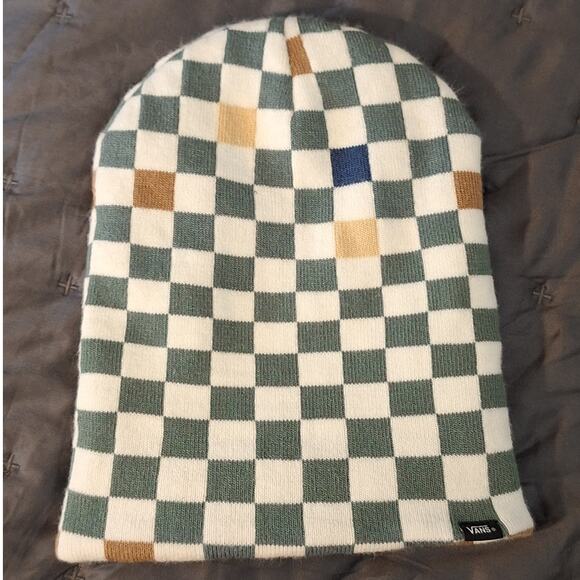 Vans Checkerboard Beanie UNISEX OS Green Tan White Acrylic Skater Streetwear - Picture 2 of 7